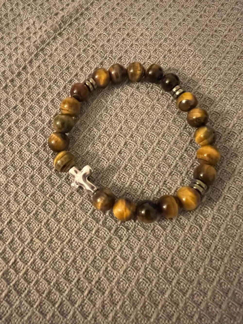 Designs by Forte Unisex Tiger's Eye & Silver Cross Stretch Bracelet